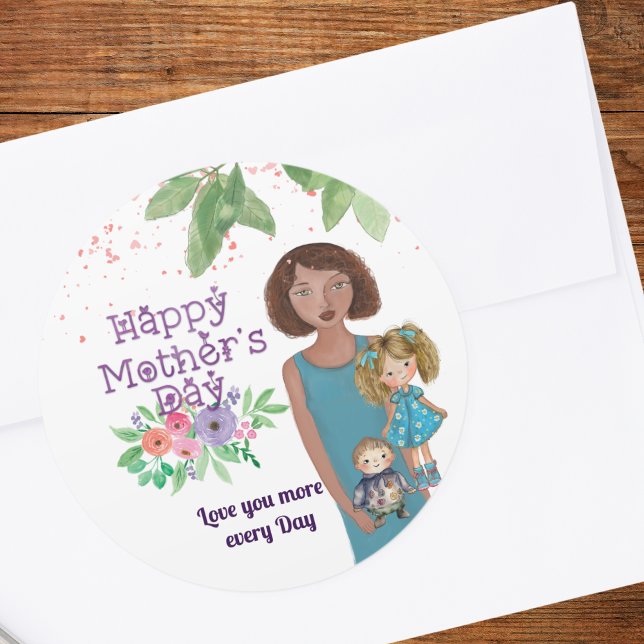 Adesivo Dia de as mães FELIZ | Mãe e filhos ( HAPPY MOTHER'S DAY _ Mother & kids Classic Round Sticker)
