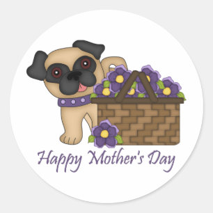 Adesivo Dia de as mães Feliz, Púrpura Flower Basket Pug