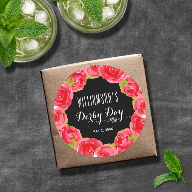 Adesivo Dia de Derby das Rosas vermelhas de Aquarela (Watercolor red roses Derby Day round stickers - in 2 sizes)