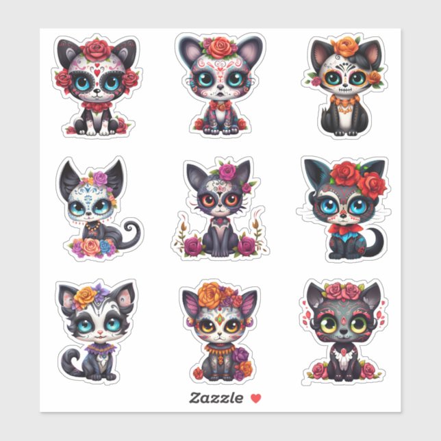 Adesivo Dia de Los Muertos Cat Stickers - Conjunto de 9 (Folha)