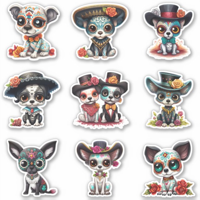 Adesivo Dia de Los Muertos Dog Stickers - Conjunto de 9 (Frente)