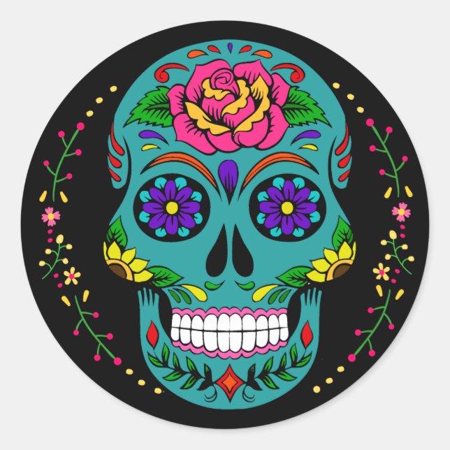 Adesivo Día de los Muertos Teal Sugar Skull Halloween (Frente)