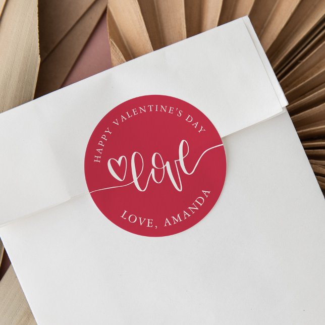 Adesivo Dia de os namorados Coração com Letra Vermelha (Personalize Valentine's Day stickers for treats or a mailing with red and white love typography.)