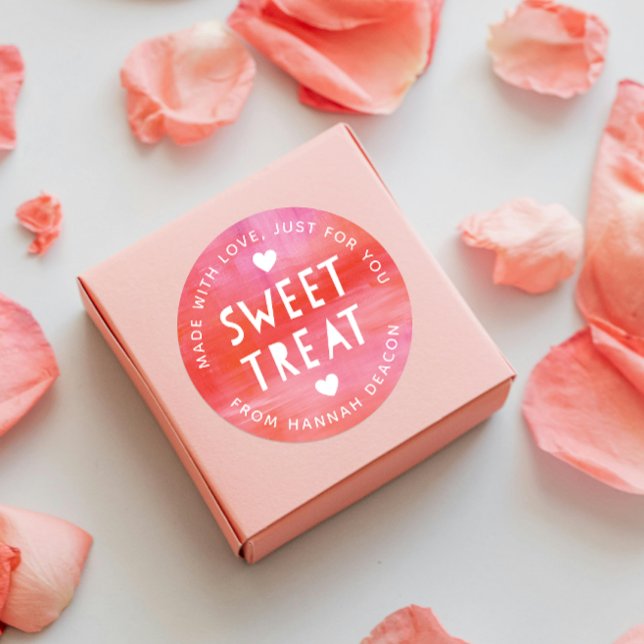 Adesivo Dia de os namorados Pintado de Tratamento com Swee (round sticker for Valentine's Day painted pink and red "sweet treat" sticker with white hearts)