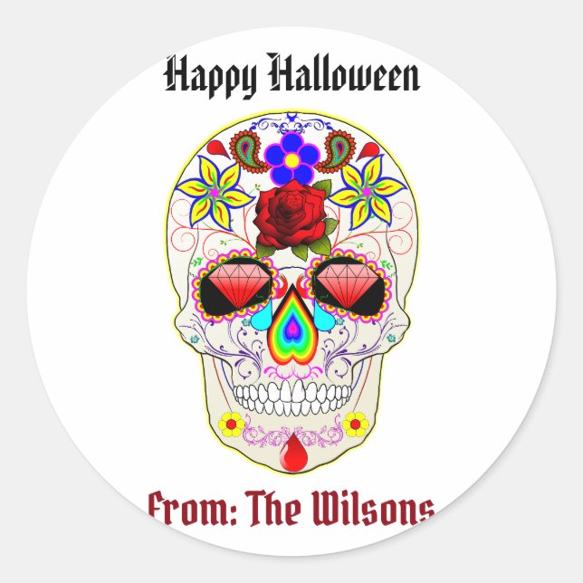 Adesivo Dia do Halloween do Crânio de Açúcar Personalizado (Frente)