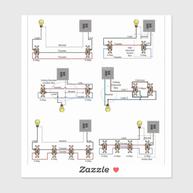 Adesivo Diagramas de comutador de 2 vias, 3 vias e 4 vias  (Folha)