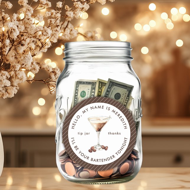 Adesivo Dica de Jar para Martini de Espresso do Barman (Bartender Espresso Martini Cocktail Theme Elegant Stripes Personalized Tip Jar)