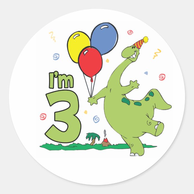Adesivo Dino aniversário de 3 anos Classic Round Sticker (Frente)