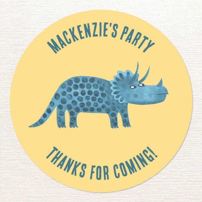 Adesivo Dinossaur - Festa Amarela Obrigado (Triceratops dinosaur kids party thanks for coming personalized sticker)
