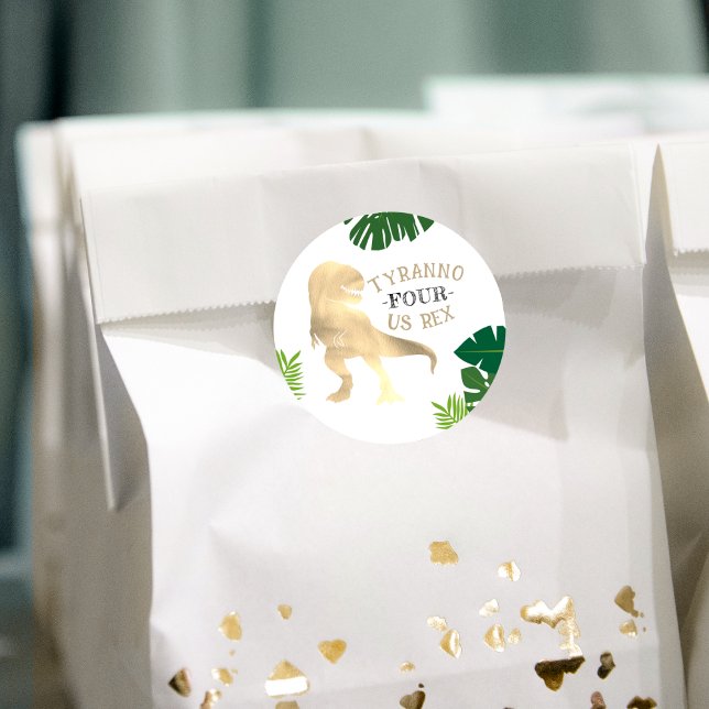 Adesivo Dinossauro 4ª Festa de Aniversário Dourada Tyranno (Dinosaur 4th Birthday Party Gold Tyrannosaurus Rex Classic Round Sticker
)
