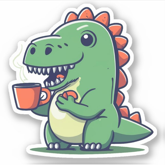 Adesivo Dinossauro Bonito segurando uma taça de café (Frente)