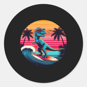 Adesivo Dinossauro Engraçado Surfando Pôr do Sol Retro Hom