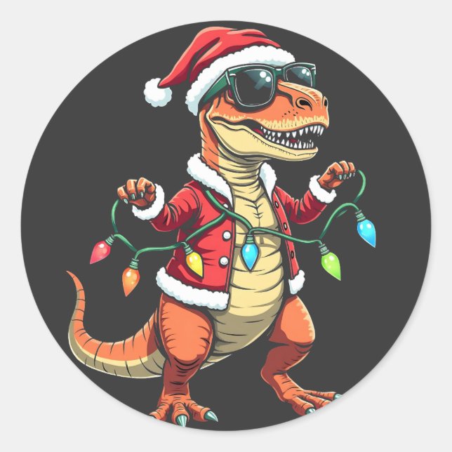 Adesivo Dinossauro Envolvido com Luzes de Natal Santa Hat (Frente)