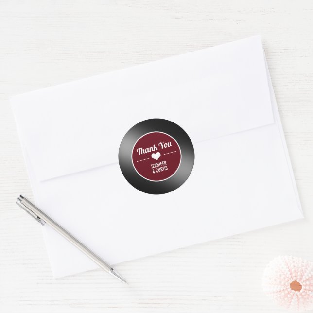 Adesivo Disco de Vinil Retro Vinho Tinto Casamento Obrigad (Envelope)