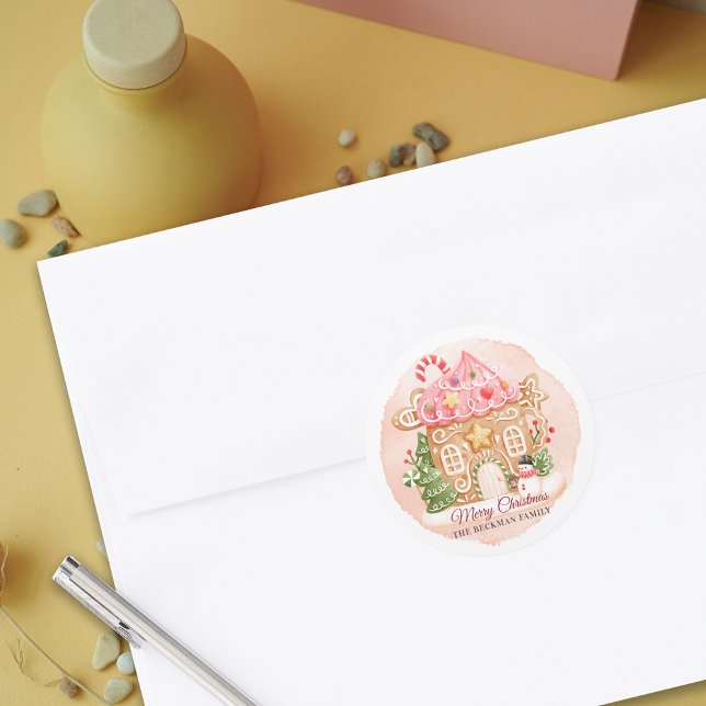 Adesivo Diversão do Gingercake em Watercolor (Fun Watercolor Gingerbread House Christmas Classic Round Sticker)
