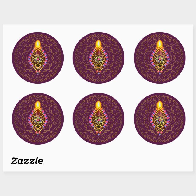 Adesivo Diwali Jeweled Diya Candle Design Mandala Purple (Folha)
