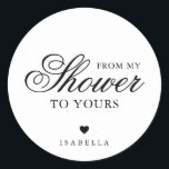 Adesivo Do Meu Chá Ao Seu Chá de panela Elegante<br><div class="desc">Chá de panela de tipografia elegante favorece autocolantes com design simples com a mensagem "Do meu Chá ao seu" em caligrafia preta e fontes serif, sobre fundo branco. Abaixo está um coração e seu nome. As fontes e as cores de fundo podem ser alteradas para qualquer cor desejada. Estes ricos...</div>
