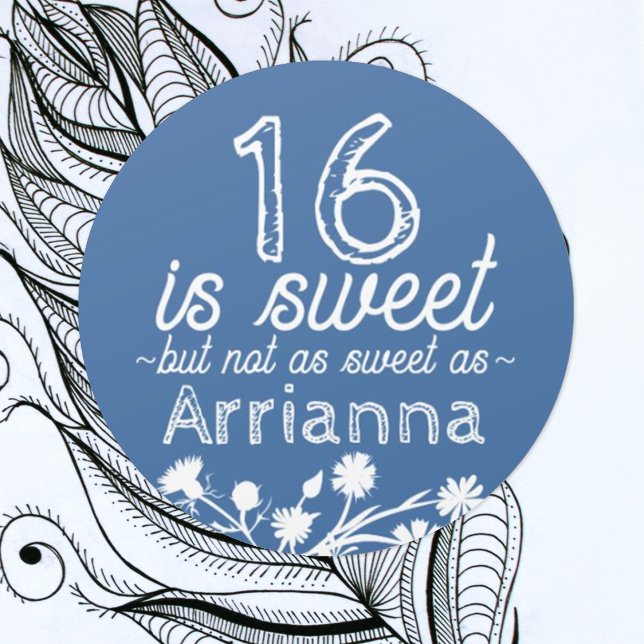 Adesivo Doce 16 Azul, Flores Brancas (round floral blue sweet 16 party favor sticker personalized label seal with name for sweets gifts)