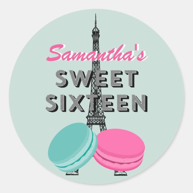 Adesivo Doce 16 de Paris Macaron Birthday Sticker Favor (Frente)