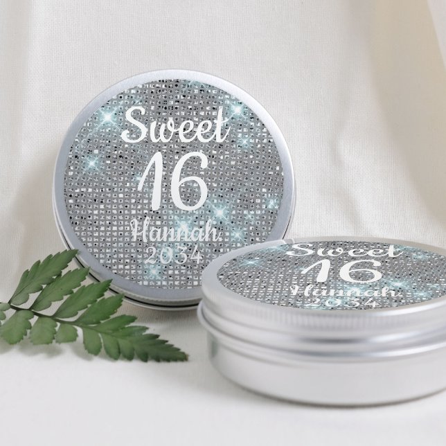 Adesivo Doce 16 Garota Aniversário Favorece Prateado (Sweet 16 Girl Birthday Favors Silver Tin Box Classic Round Sticker
)