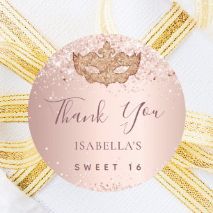 Adesivo Doce 16 mascarada - rosa dourado - Obrigado