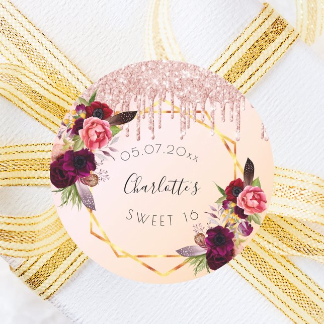Adesivo Doce 16 rosa dourado com brilho floral geométrico (Criador carregado)