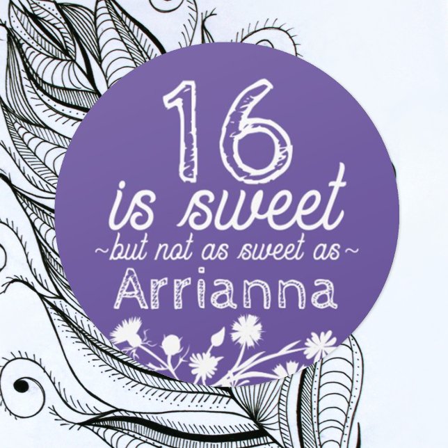 Adesivo Doce 16 Roxo, Flores Brancas (round floral purple sweet 16 party favor sticker personalized label seal with name for sweets gifts)