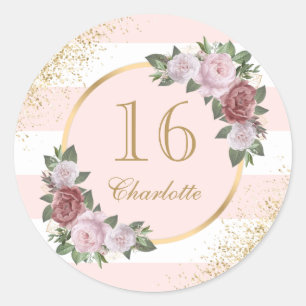 Adesivo Doce Aniversário de 16 Anos Floral em Dourado Rosa