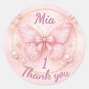 Adesivo Doce Borboleta Rosa Aniversário de 1 Ano Obrigada 