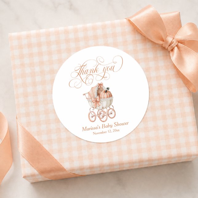 Adesivo Doce Pequena Abóbora Chá de Bebê Obrigada (elegant vintage girly sweet little pumpkin orange baby carrage baby shower thank you sticker)