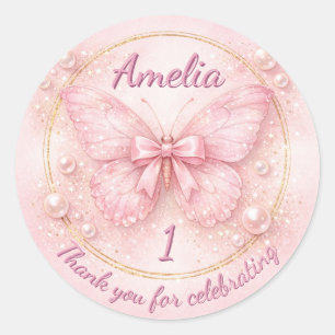 Adesivo Doce Um Borboleta Rosa Aniversário Obrigado