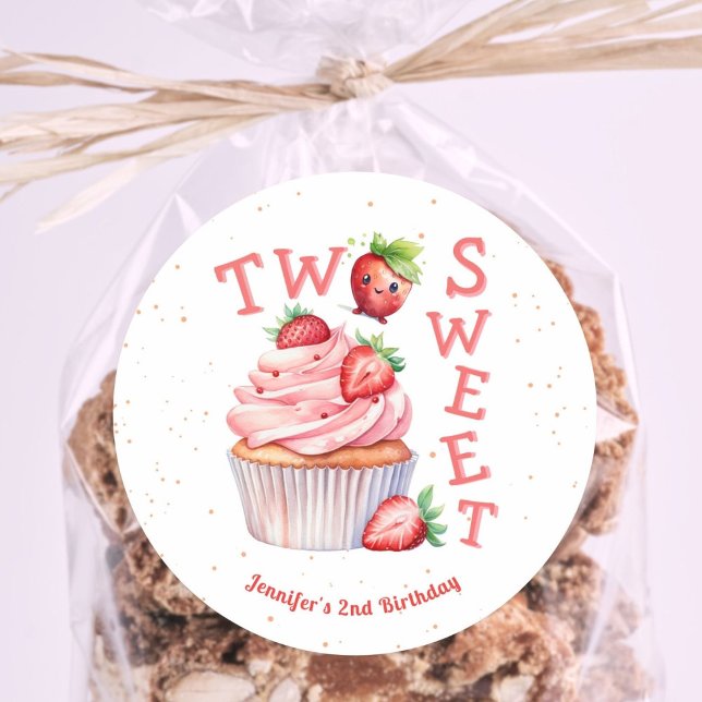 Adesivo DOIS Bons! Segundo aniversário de morango rosa (Criador carregado)