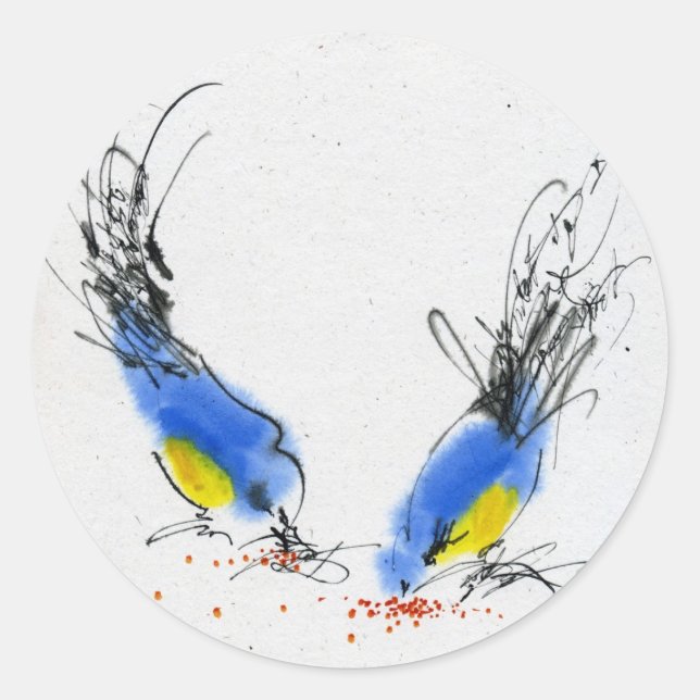 Adesivo Dois pequenos titmouses bicando grãos. Caligrafia (Frente)