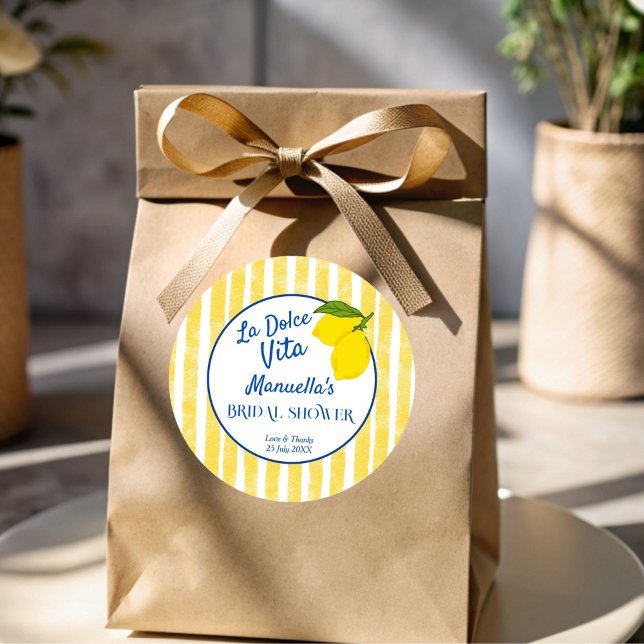Adesivo Dolce vita limões amarelos Chuveiro de noiva itali (Dolce vita yellow stripes Lemons Italian bridal shower personalized favor Stickers)