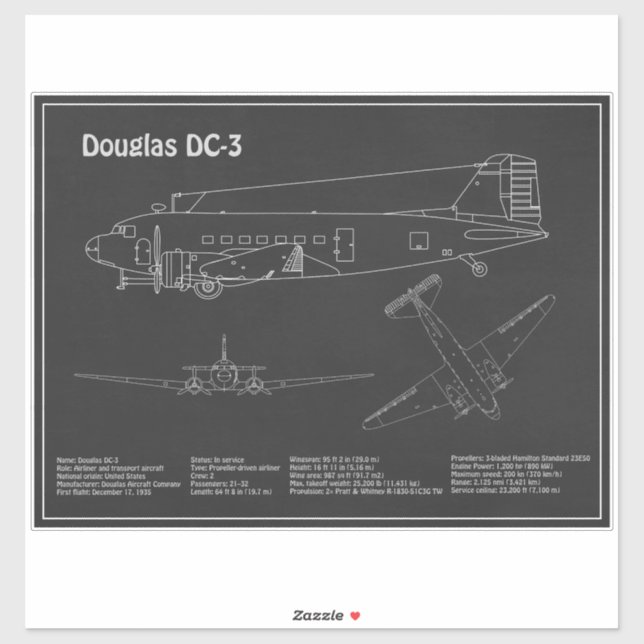 Adesivo Douglas DC-3 - PD Planos de desenho de projeto de  (Folha)