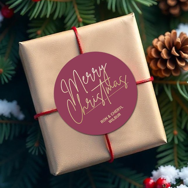 Adesivo Dourada Amoreira de Natal Feliz (Merry Christmas in gold script on cranberry red 3" round stickers)