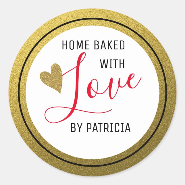 Adesivo Dourada Brilhante Feita Com Amor Vermelho E Branco (Frente)