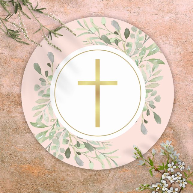 Adesivo Dourada cruz, cor verde, cor-de-rosa (Simple Gold Cross Watercolor Greenery Blush Pink Classic Round Sticker)