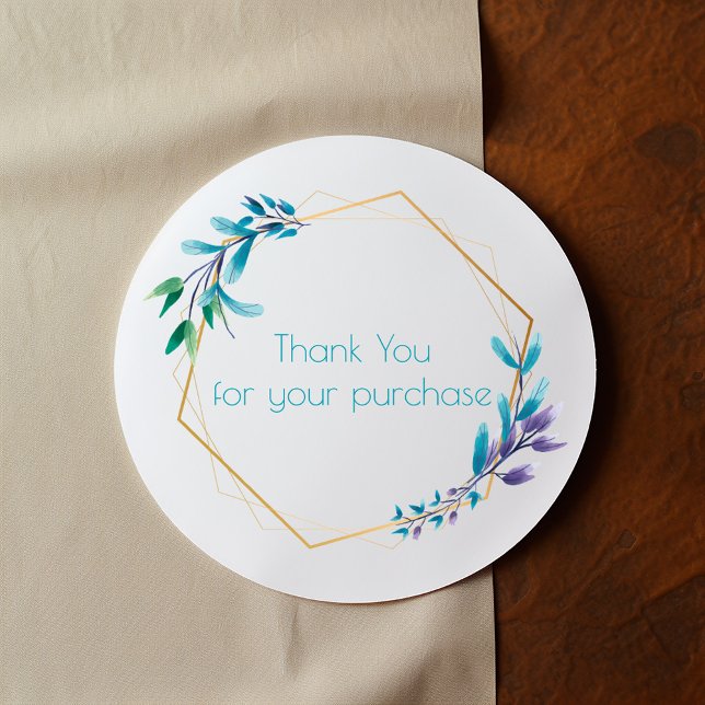 Adesivo Dourada flor, "Obrigado pela sua compra" (Round white thank you sticker with gold frame and watercolor botanical accents)