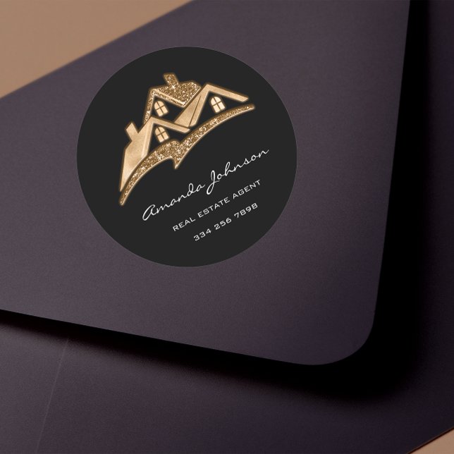 Adesivo Dourado agente de imóveis da casa de logotipo pers (Custom Logo House Real Estate Agent Gold Black Squ Classic Round Sticker)
