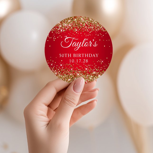Adesivo Dourado Aniversário do Vermelho 50º (Gold Glitter Red 50th Birthday Classic Round Sticker)