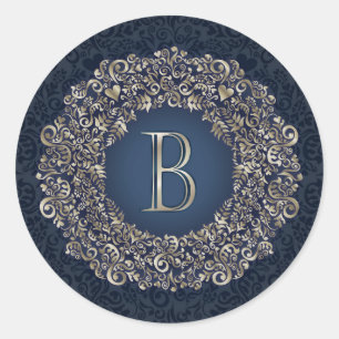 Adesivo Dourado Azul Ornato B Fancy Damask Monograma
