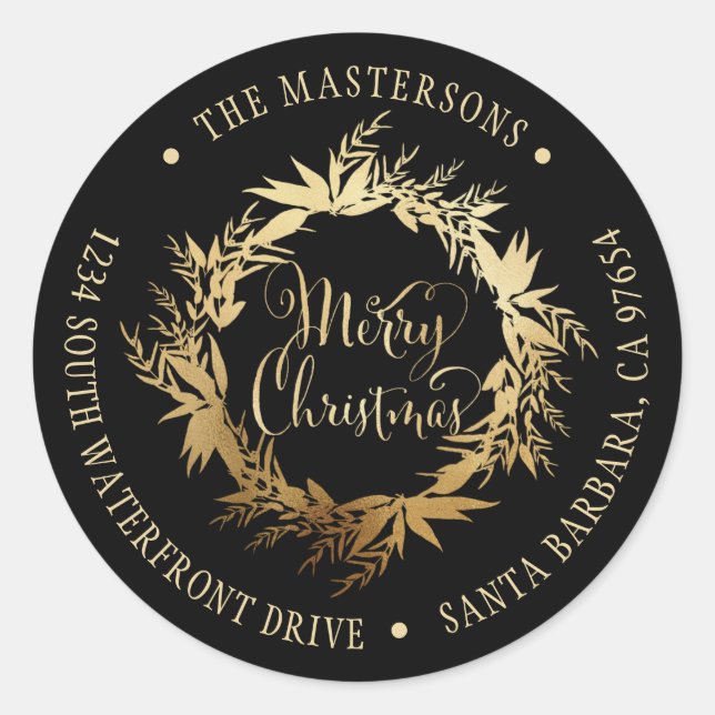 Adesivo Dourado Black Merry Christmas Wreath Return Endere (Frente)
