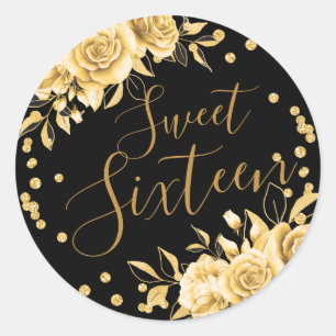 Adesivo Dourado Black Sweet 16 Birthday Floral Glitter