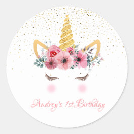 Adesivo Dourado brilho | Floral Unicorn Horn Birthday Baby