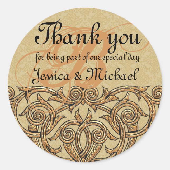 Adesivo Dourado Damask Personalizado Monograma Casamento F (Frente)