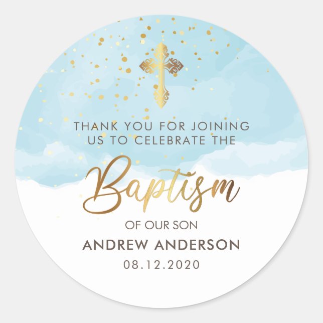 Adesivo Dourado E Azul Aquarela Menino Batismo Obrigado (Frente)