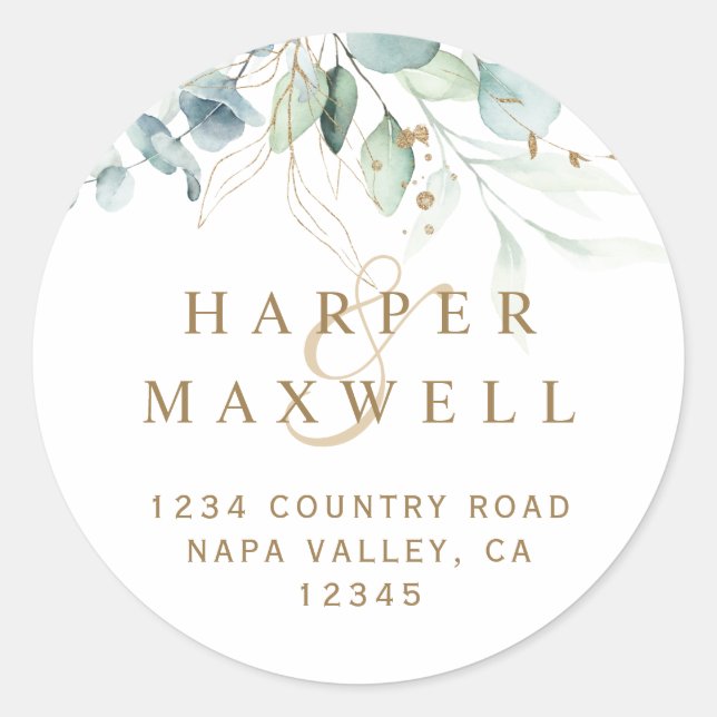 Adesivo Dourado e Verde Endereço de Devolução de Casamento (Frente)