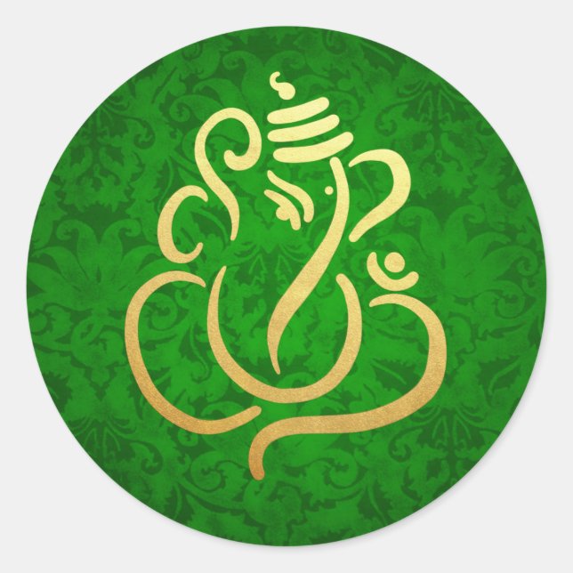 Adesivo Dourado Festivo Ganesh | Índio Deus Damask Green (Frente)