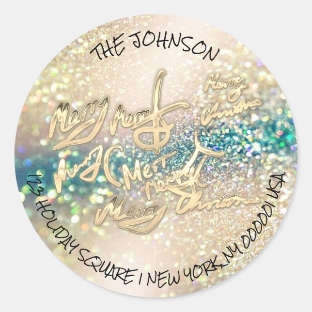 Adesivo Dourado Glitter Merry Christmas RSVP Endereço de d (Frente)
